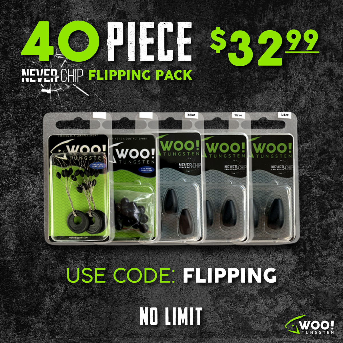 FLIPPING PACK - 40 Piece - Between 3/8 oz and 3/4 oz - USE CODE FLIPP –  WOO! TUNGSTEN
